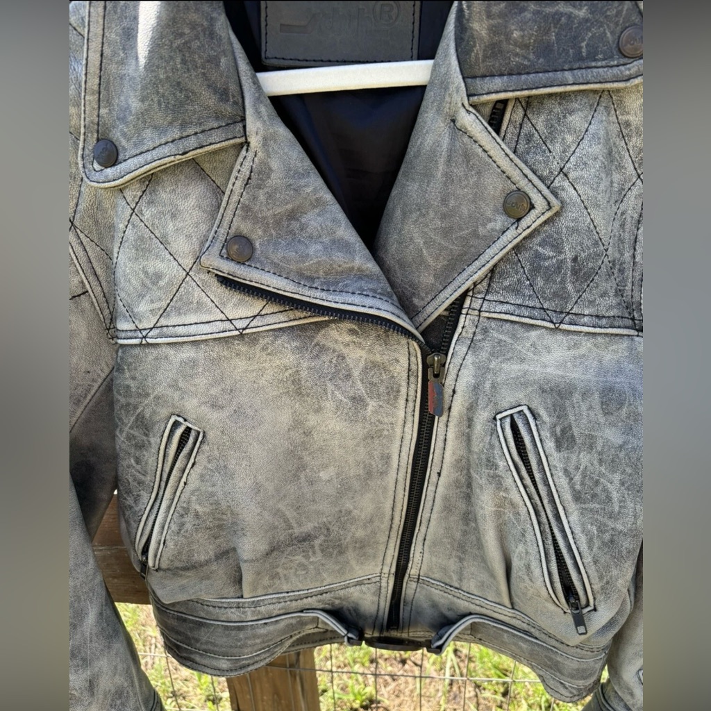 Vintage 90’s Schuh Distressed Gray Leather Motorcycle Jacket Size Xs — image 6 of 8